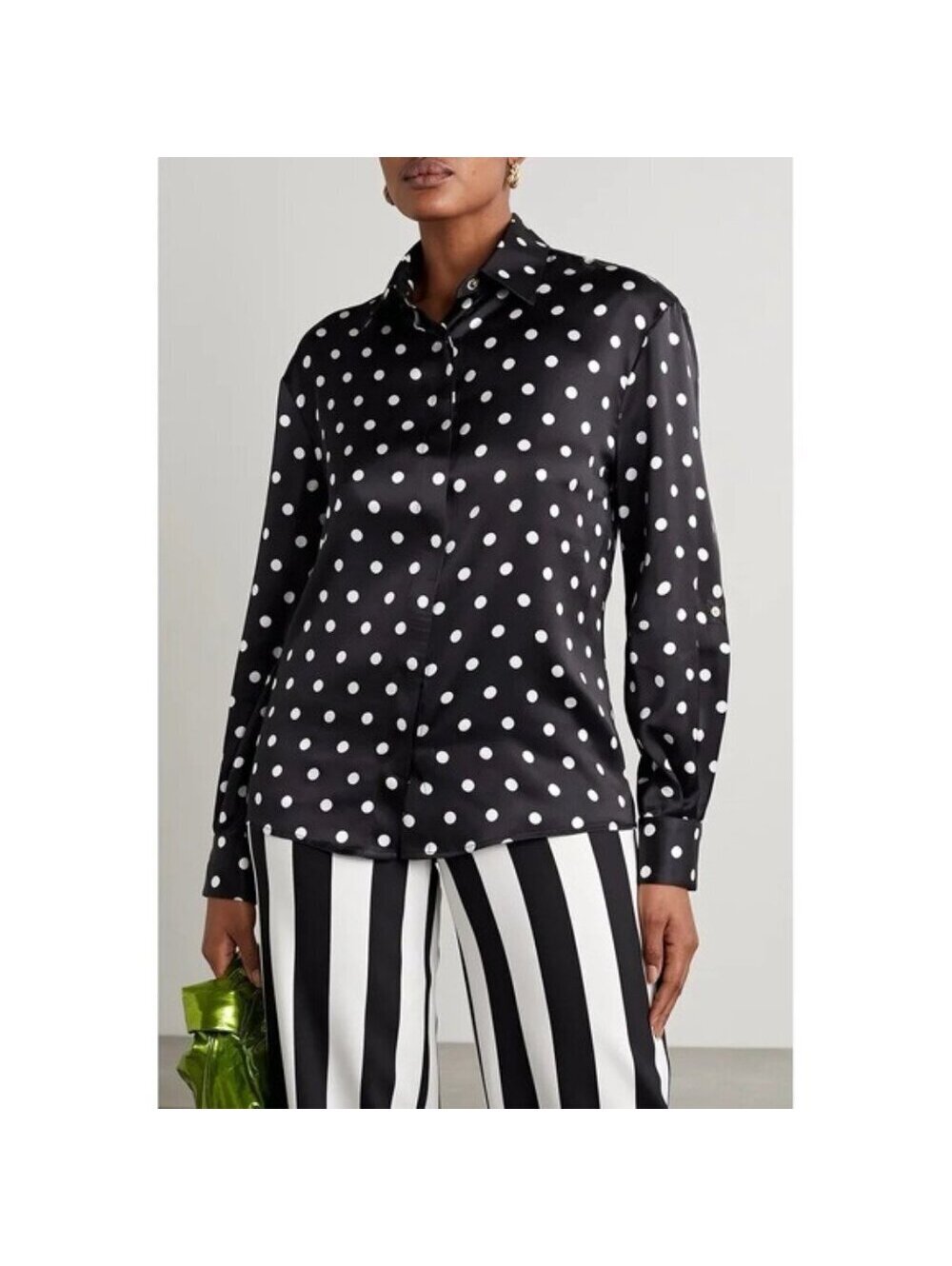 Sergio Hudson Polka Dot Silk Charmeuse Button-Up Blouse, Black/White XS NWT $795